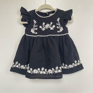Kids Black Ruffle Sleeve Sundress with White Floral Embroidery & Trim size 0-3M